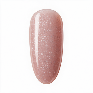 A glossy, teardrop-shaped nail swatch displaying a dusty rose pink color with fine silver glitter, set against a solid white background.