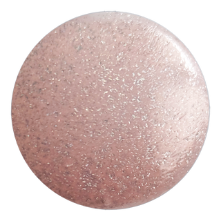 A circular swatch of shimmering pink nail polish or gel with fine glitter, shown on a plain white background.